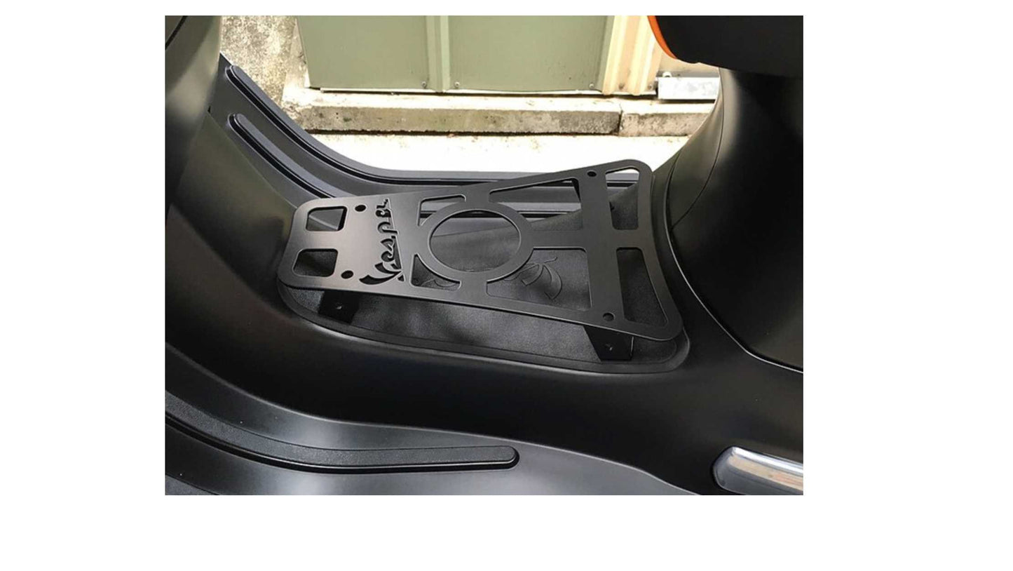 Floor board rack with cup holder and Vespa logo CLASSIC RACKS matt black | Vespa GT/GTS/GTV/GTL 125-300cc Classic Racks Falan Parts