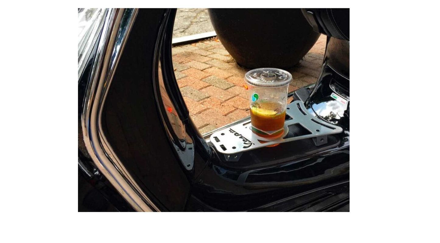 Floor board rack with cup holder and Vespa logo CLASSIC RACKS show chrome | Vespa GT/GTS/GTV/GTL 125-300cc Classic Racks Falan Parts