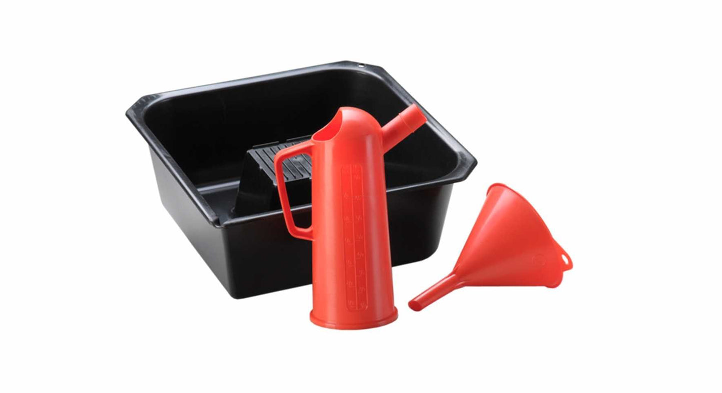 Oil change set 3 pieces HÜNERSDORFF | oil drain pan | Ø=140 funnel | oil measuring vessel 1000ml HÜNERSDORFF Falan Parts
