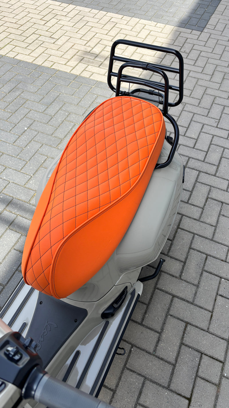 Custom Seat Black Diamond Stitch Merino Kyalami Orange | Vespa GTS 125-310cc ('14-) Falan Parts  Falan Parts