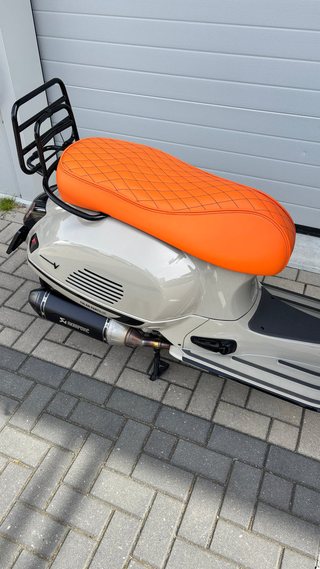 Custom Seat Black Diamond Stitch Merino Kyalami Orange | Vespa GTS 125-310cc ('14-) Falan Parts  Falan Parts