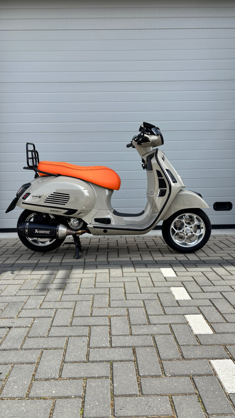 Custom Seat Black Diamond Stitch Merino Kyalami Orange | Vespa GTS 125-310cc ('14-) Falan Parts  Falan Parts