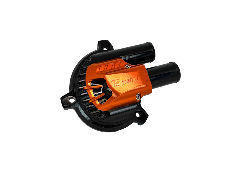 Cover Water Pump CNC JS Manuf Black/Orange | Vespa GTS/GTS Super/GTV/GT 60/GT/GT L 125-310cc 4T LC  PIAGGIO LEADER/QUASAR 125-310cc 4T LC JS Manuf  Falan Parts