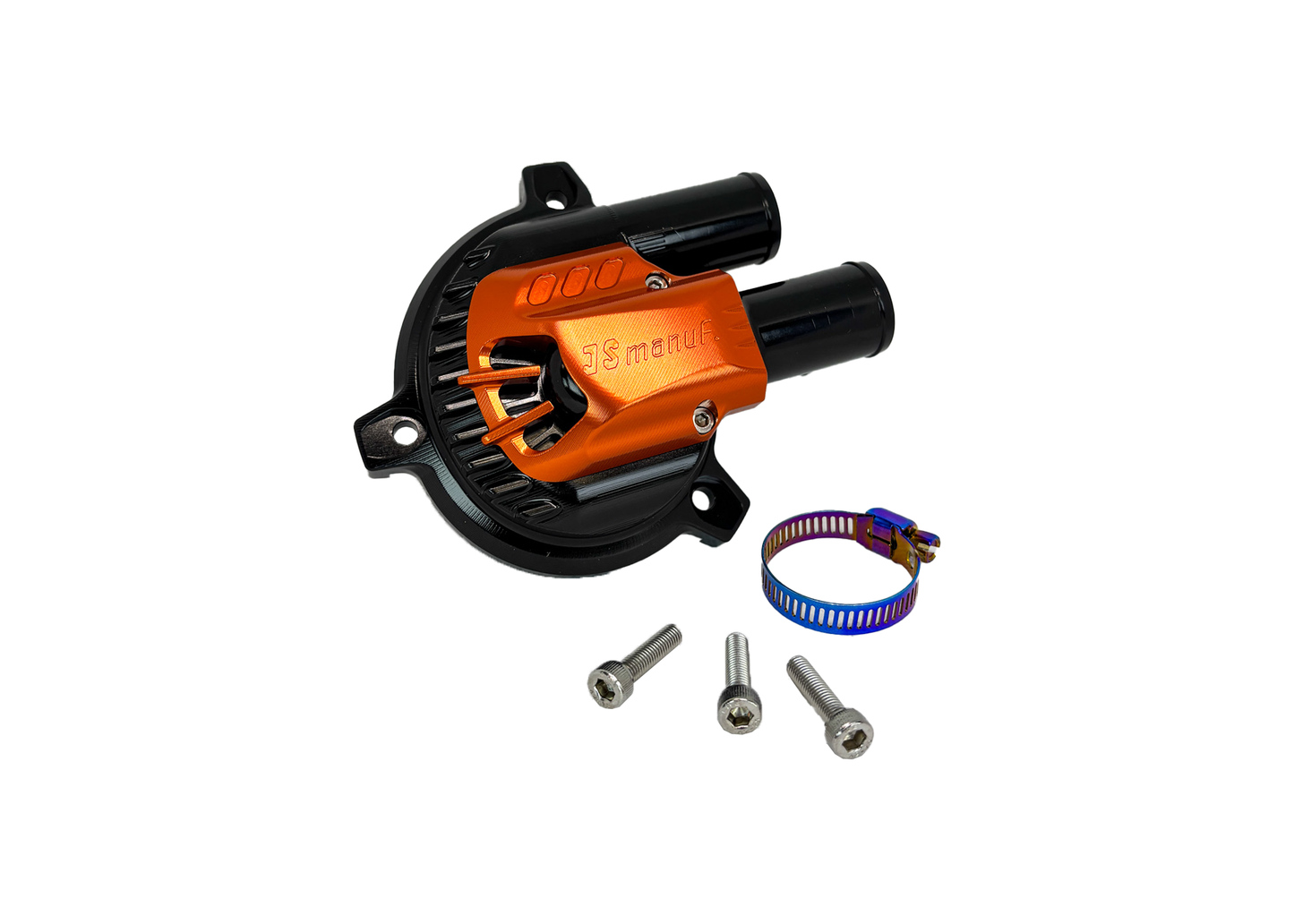 Cover Water Pump CNC JS Manuf Black/Orange | Vespa GTS/GTS Super/GTV/GT 60/GT/GT L 125-310cc 4T LC  PIAGGIO LEADER/QUASAR 125-310cc 4T LC JS Manuf  Falan Parts